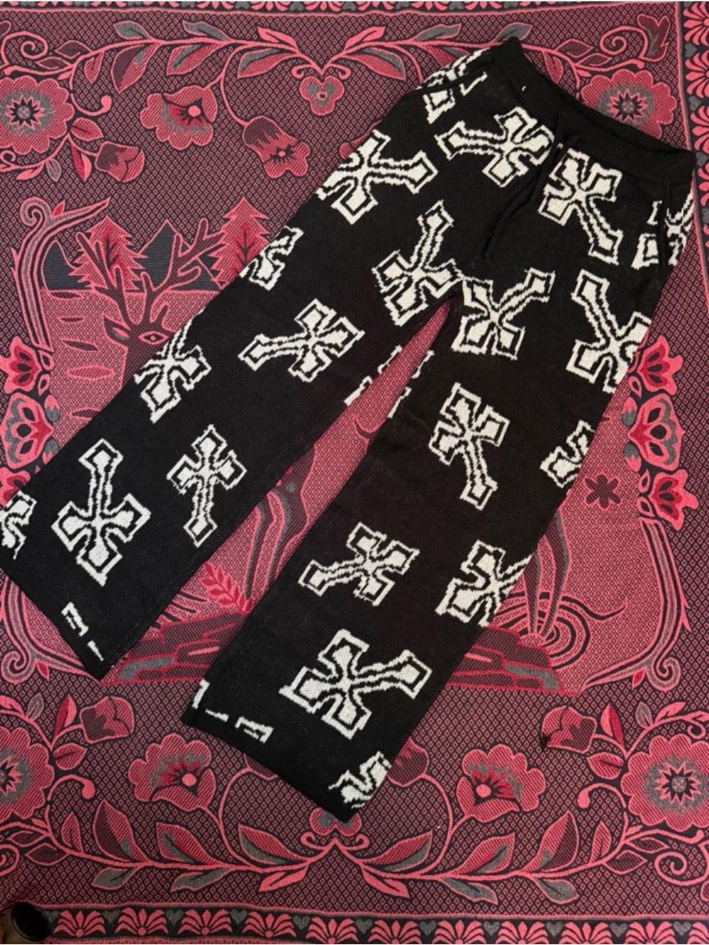 Black Knit Pants with White Cross Pattern